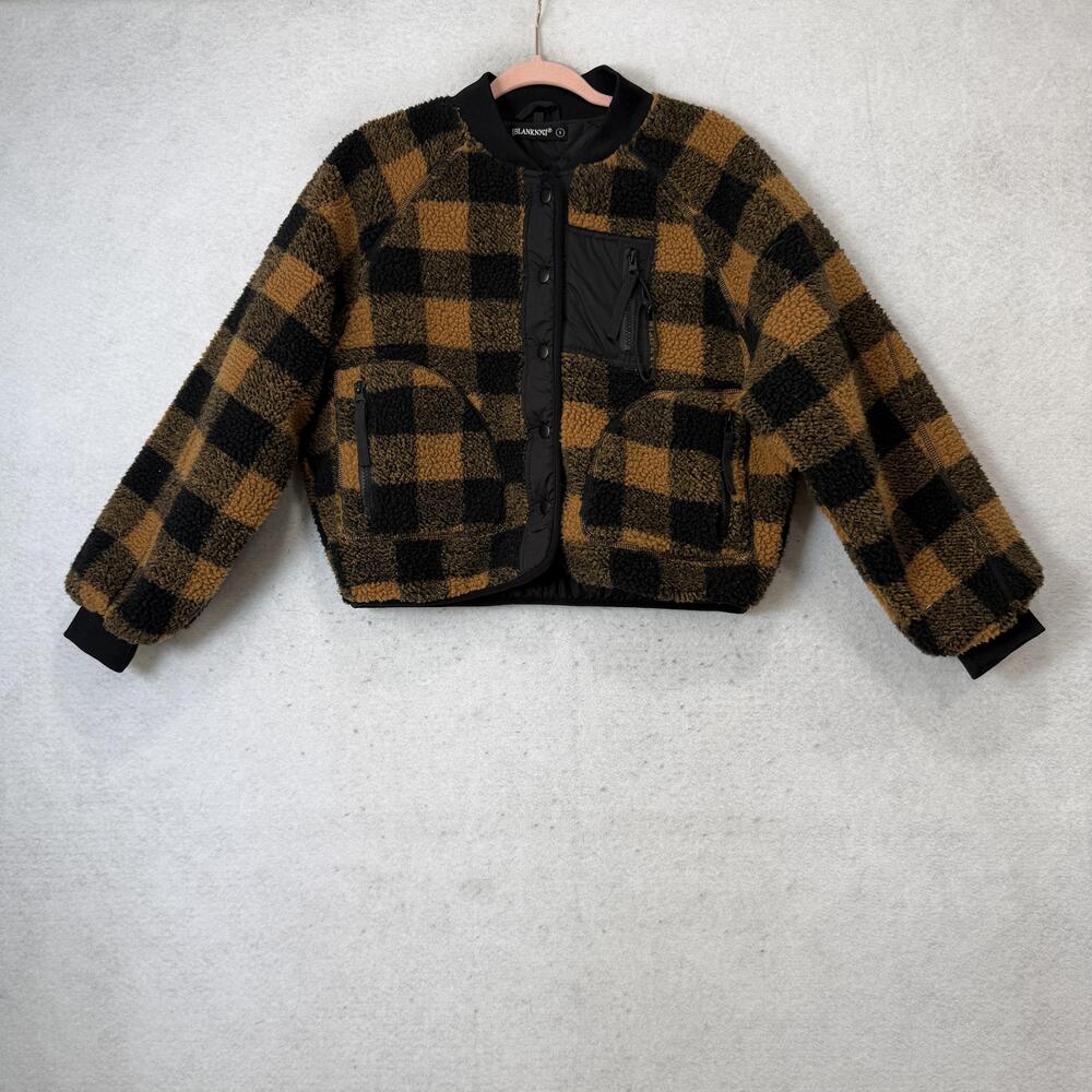 BLANKNYC Jacket Womens Small Brown Black Plaid Faux Fur Fleece Bomber 11BF5235